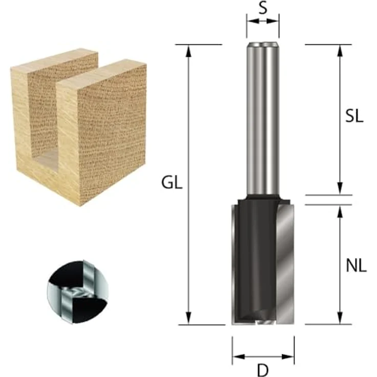 ENT 10967 Nutfräser HW, 12 mm Durchmesser, 63 mm Nutzlänge, 8 mm Schaft für Hartholz und Weichholz, 2+1 Grundschneide – Bild 2