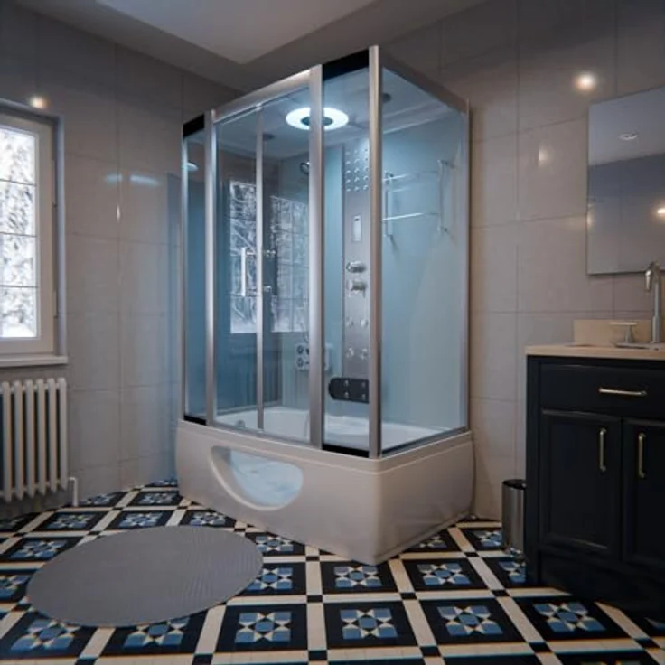 TroniTechnik Eckdusche IKARIA Acrylbadewanne mit Rundum- Sicherheitsglas, Farblichttherapie, BxT: 135x80 cm, Komplettdusche inkl. Farblicht, Radio, und Massagefunktion, Whirlduschkombination mit Sanitäracryl, 135cm x 80cm x 220cm, Sicherheitsglas, integri – Bild 4