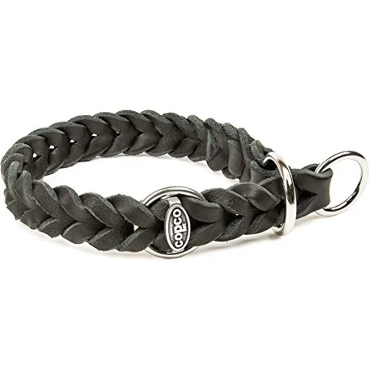 CopcoPet - Fettleder Hundehalsband Würger geflochten mit verchromten Zugstopp - Ring, Schwarz 25-30 cm x 15 mm