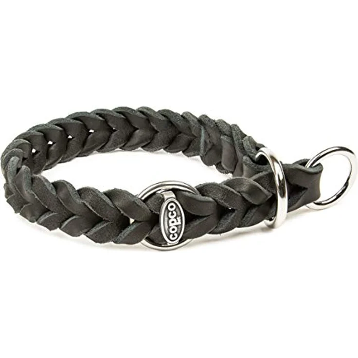 CopcoPet - Fettleder Hundehalsband Würger geflochten mit verchromten Zugstopp - Ring, Schwarz 25-30 cm x 15 mm – Bild 1