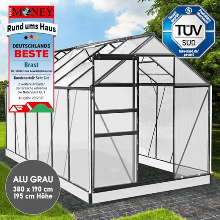 BRAST Gewächshaus Aluminium mit Fundament, TÜV geprüft, 6mm Hohlkammerplatten, rostfrei, grau, 380x190x195cm – Bild 2