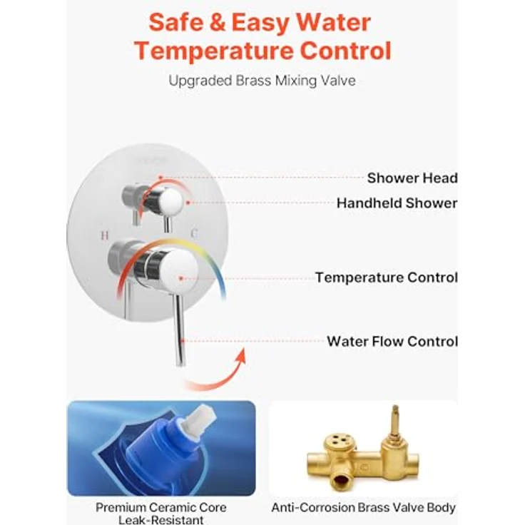 VEVOR Regenduschsystem für Badezimmer, Duscharmatur mit 254 mm Rund-Duschkopf & Handbrause, wandmontierte Messingarmaturen in Silberchrom, Hochdruck, wasser-sparend, einfache Temperaturregelung – Bild 5