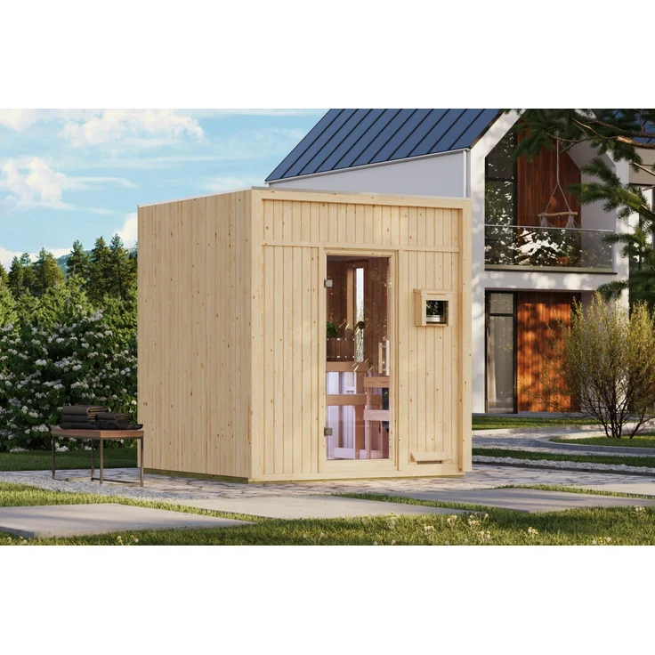 Karibu Avenal Außensauna, unbehandelt, 73mm Wandelemente, Ofen 9 KW, 220x217x244 cm