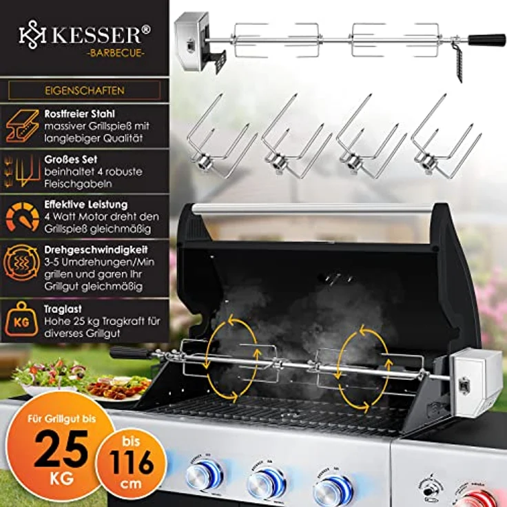 KESSER Edelstahl Grillspieß Set 107cm passend für Weber Spirit Gasgrill mit 4X Fleischnadeln BBQ Fleischklammer, Griffstück und Motor Rotisserie Elektrischer Drehspieß 220V - 240V Silber – Bild 2