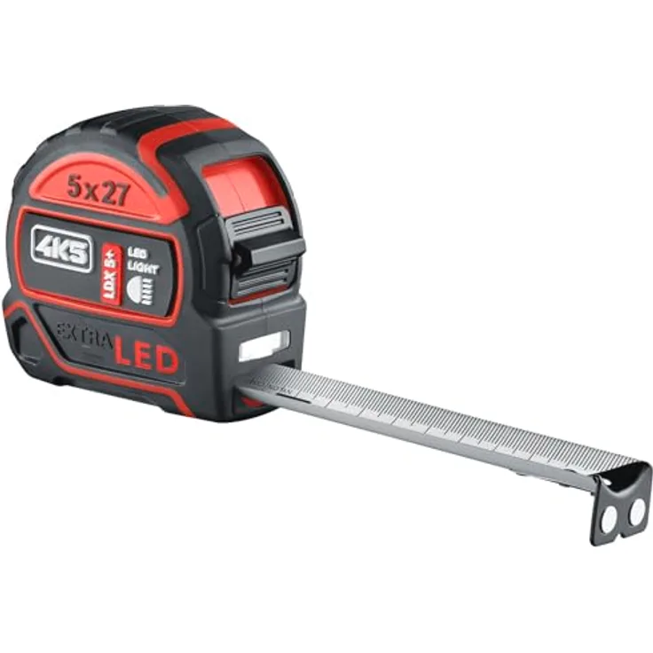 4K5 LDX 5+, 5 m LED Rollbandmaß mit Magnet & USB-C Akku, weißes Band, Stoppfunktion & Nylon-Coating – robustes Profi Maßband für Baustelle und Handwerk