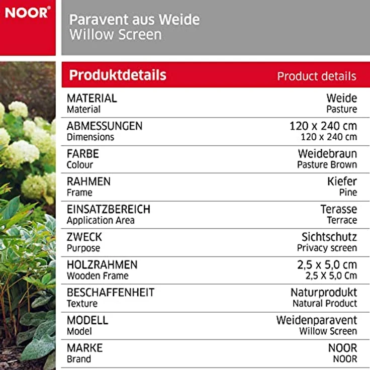 Noor Paravent aus Weide Sichtschutz 120 x 240 cm, 4-teilig I Garten-Weidenparavent mit starkem Kiefernholzrahmen I Faltbarer Balkonschutz zur einfachen Aufbewahrung – Bild 4