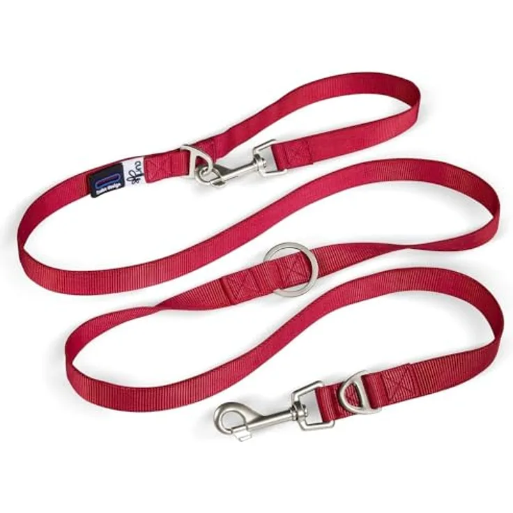 Curli Adjustable Leash Nylon Red L, 3-fach verstellbare Hundeleine mit Kotbeutelspender und rostfreien Metallringen