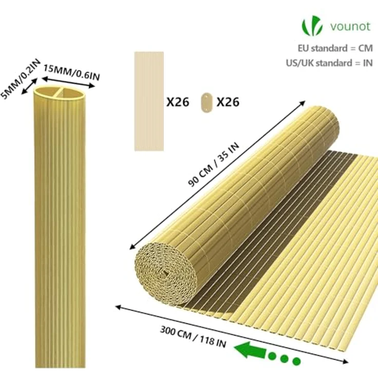 VOUNOT PVC Sichtschutzmatte 90 x 300 cm, verstärkt, undurchsichtig, Bambus-Optik, wetterfest und pflegeleicht, für Garten und Balkon – Bild 5