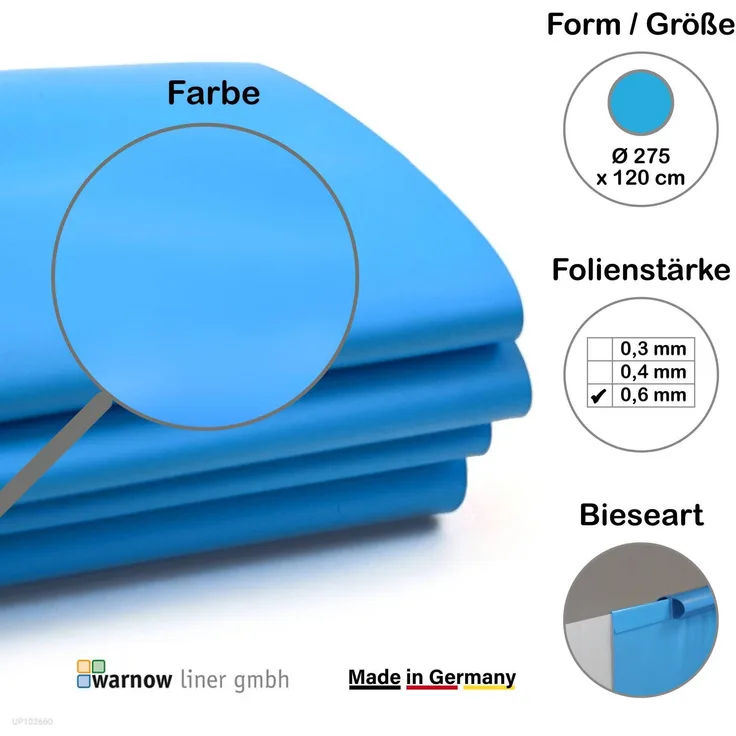 Warnow Liner Premium Poolfolie für Rundpool, 275 cm x 120 cm, 0,6 mm Stärke, blau, Einhängebiese