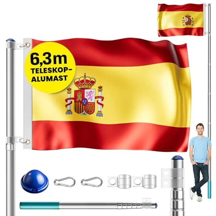 MONZANA® Aluminium Teleskop Fahnenmast 6,30m mit Bodenhülse 60cm inkl. Spanien Flagge – Witterungsbeständig und Schnellaufbau – Bild 1