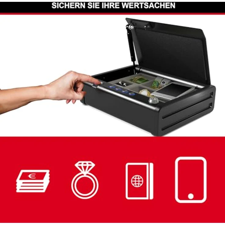 MASTER LOCK Biometrischer Tresor (Fingerabdruckerkennung) (Kompakt) MLD08EB Ideal für Scheckbücher, Geld, Schmuck, Ausweise, Pistolentresor – Bild 4