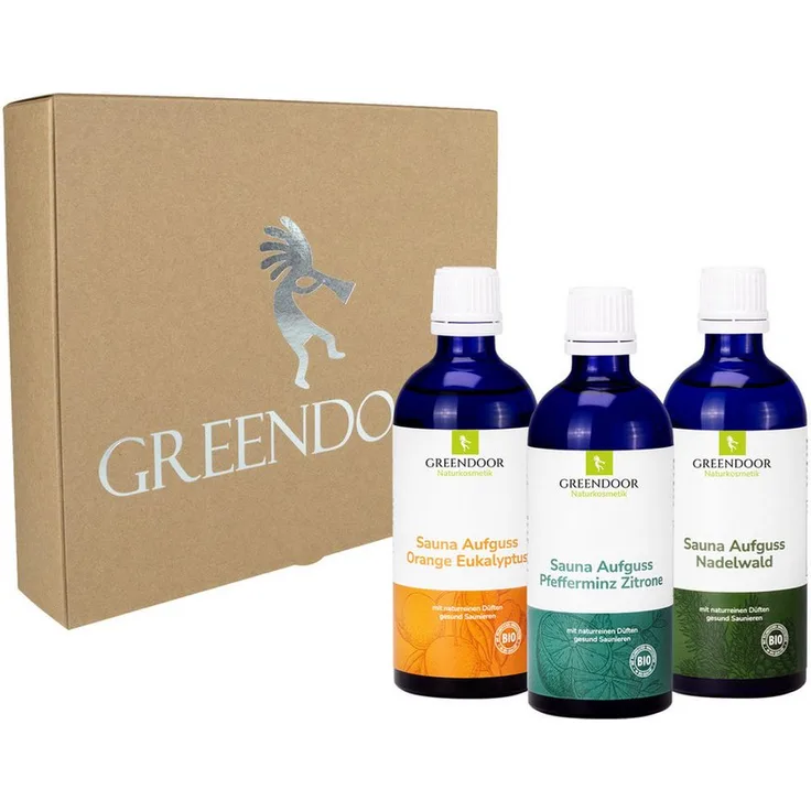GREENDOOR Sauna-Aufgussset Geschenk Set, Naturreine Düfte ohne künstliche Zusatzstoffe, 3 Sorten: Orange Eukalyptus, Nadelwald, Pfefferminz Zitrone
