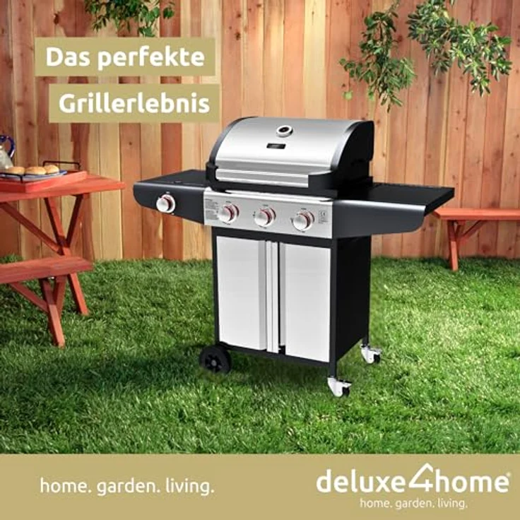 deluxe4home® Gasgrill BBQ Grillwagen mit Deckel I 3+1 Seitenbrenner XXL Grill Rollbar Seitenablage I inkl. Grillhandschuh und Grillthermometer I Rollgrill Standgrill – Bild 2