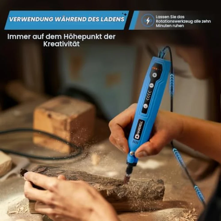 HARDELL Mini Akku Rotationswerkzeug, 5 Geschwindigkeiten (5000-18000 U/min), 3,7V mit 69 Zubehörteilen, LED-Licht, Gravurset für Resin, Holz und Glas, blau – Bild 2