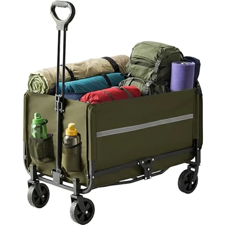 Relaxdays Bollerwagen, faltbar, 150 kg Traglast, Teleskopgriff, Regenplane, grüner Transportwagen für Einkauf und Camping – Bild 1