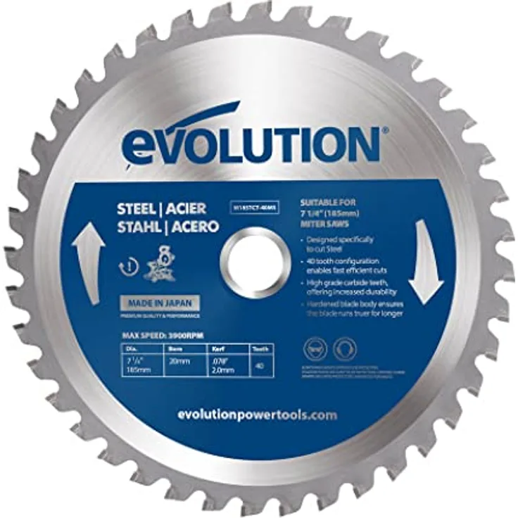 Evolution M185TCT-40MS - 185 mm Sägeblatt zum Schneiden von Baustahl - Metall-Sägeblatt mit Hartmetallbestückung erzeugt praktisch keine Hitze, Grate oder Funken