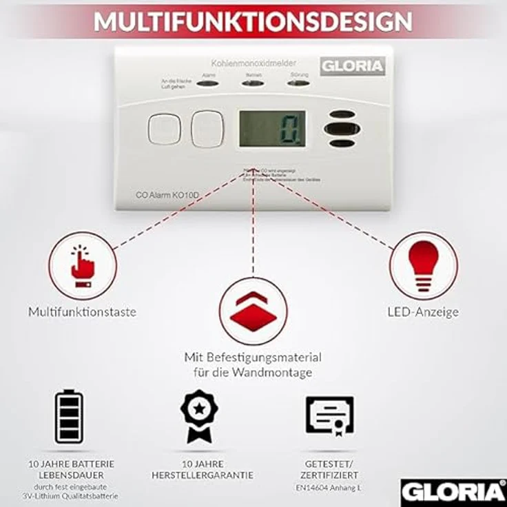 Gloria Gloria KO10D Kohlenmonoxid-Melder inkl. 10 Jahres-Batterie Gasmelder, mit Digitalanzeige und Ereignisspeicher – Bild 2