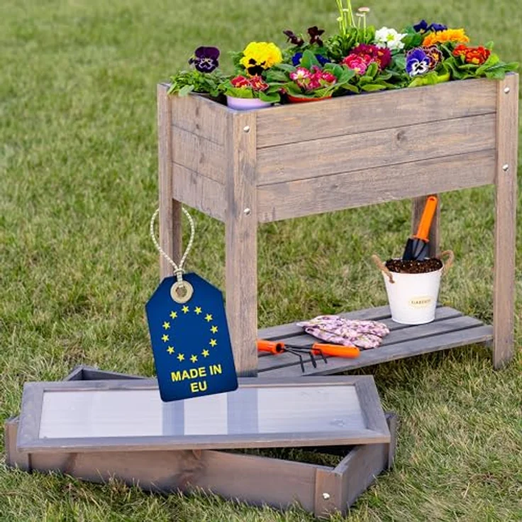 ITA Hochbeet mit Frühbeetaufsatz 80x37x78 cm - Pflanzkasten mit Deckel, Ablageboden, Innenfolie - aus FSC Holz - Grau – Bild 1