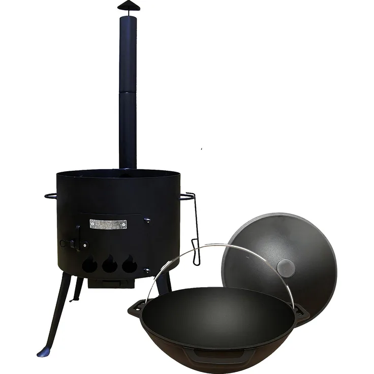 Olymp Handels GmbH Utschak Set mit Rauchrohr und Kasan 12L, Gusseisen Deckel mit Henkel, Ø40cm, kompakt und multifunktional