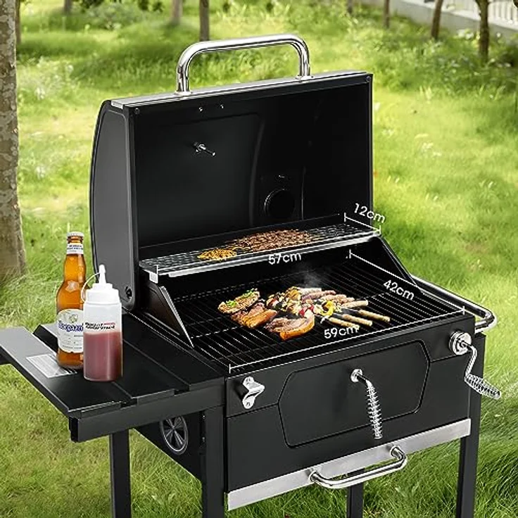 Royal Gourmet Holzkohlegrill Barbecue Grillwagen Smoker Grill Campinggrill Holzkohle Outdoor Kohlegrill Gartengrill Grillfläche 59 x 42 cm Schwarz – Bild 4