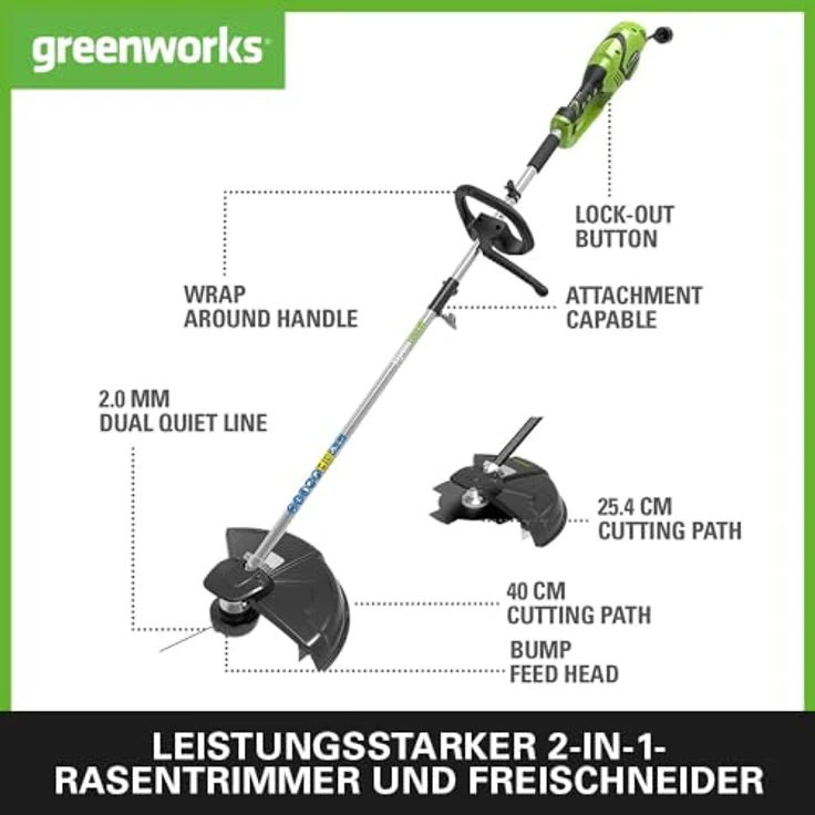 Greenworks Elektro-Rasentrimmer 2in1 GST1246 (AC Electric 230V 1200W Motorleistung 40cm Schnittbreite 2mm Faden-Messer 5500 U-min verstellbarer Zusatzgriff halbautomatischer Bodenvorschubkopf) – Bild 3