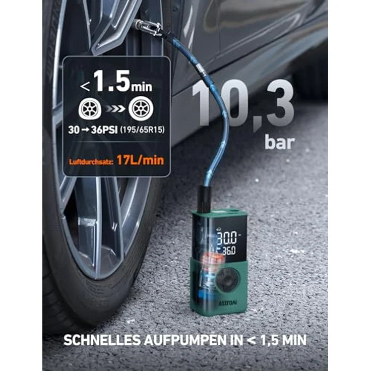 AstroAI Kabellose Elektrische Luftpumpe, Tragbare Akku Fahrradpumpe mit 150 PSI, 4000 mAh Akku, 4+N Smart-Modi, integrierter Taschenlampe und USB-C Schnittstelle – Bild 3