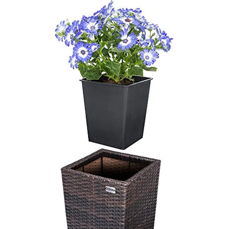 Casaria® Blumentopf 3er Set Polyrattangeflecht Übertopf Wasserabfluss Rattanoptik Outdoor Pflanzkübel Blumenkasten Braun – Bild 3