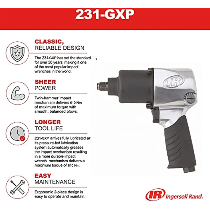Ingersoll-Rand Druckluft Schlagschrauber 231GXP-K, 610 Nm Drehmoment, Steckschlüsselset mit 10 Nüssen, Vierkant Werkzeug 1/2 Zoll im Koffer, Metall Gehäuse, 5 Leistungsstufen - Profi Tool für Reifenlösen – Bild 3