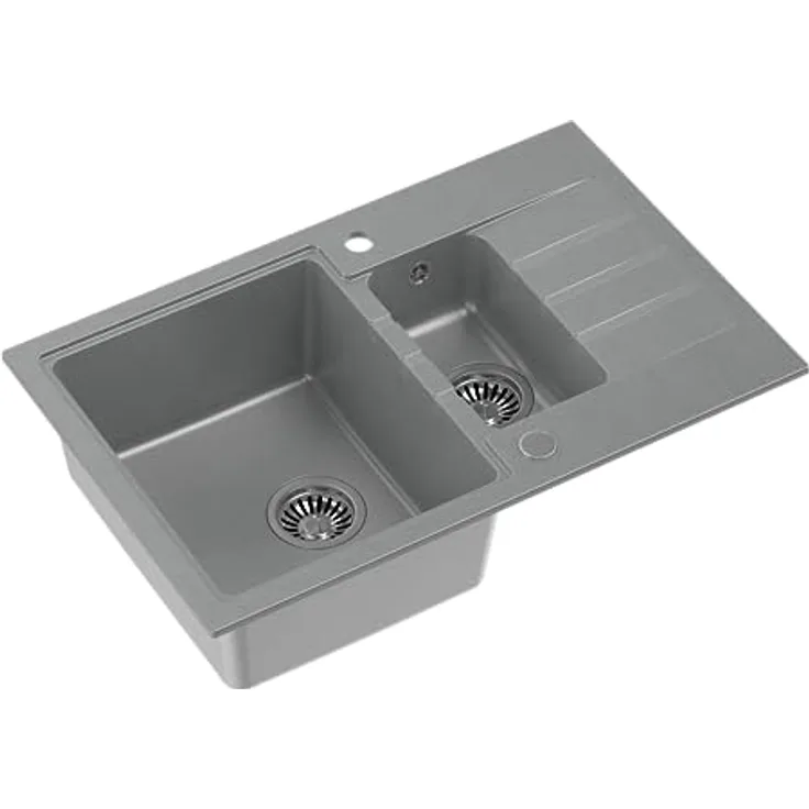 Quadron PETER 156 Granit Doppelbecken-Spüle | Größe 78 x 50 x 20 cm | Grau & Stahl | Kratz- und stoßfest, hygienisch und fleckenbeständig