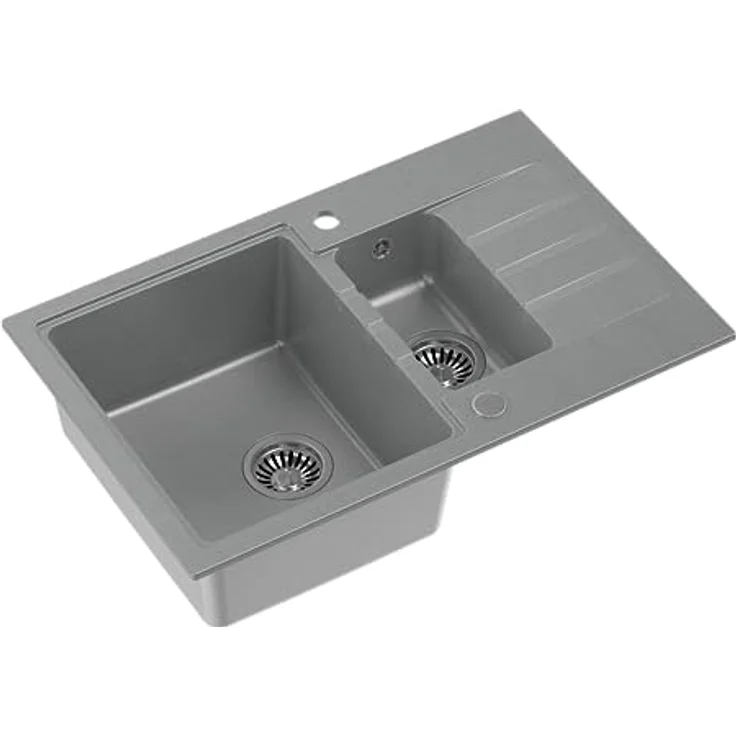 Quadron PETER 156 Granit Doppelbecken-Spüle | Größe 78 x 50 x 20 cm | Grau & Stahl | Kratz- und stoßfest, hygienisch und fleckenbeständig – Bild 1