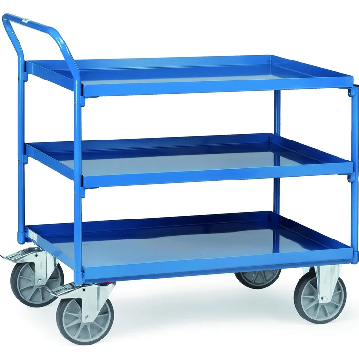 Fetra Transportwagen 4930, 400 kg Tragkraft, brilliantblau, mit 3 öl- und wasserdichten Stahlblechwannen, pulverbeschichtet, stabile Stahlkonstruktion