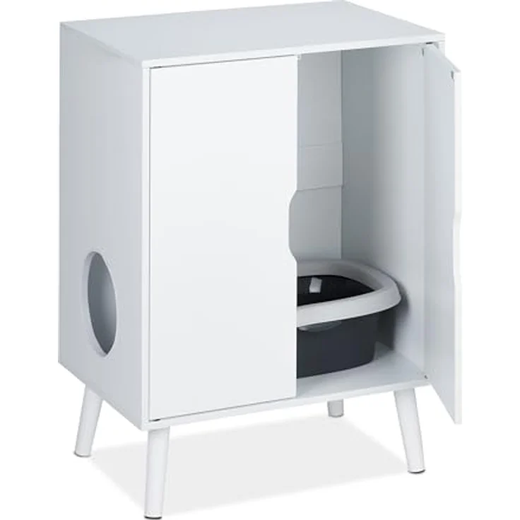 Relaxdays Katzenschrank für Katzentoilette, 2 Türen, Katzenklo verstecken, Eingang, Katzenkommode HBT: 77x58x40 cm, weiß – Bild 1