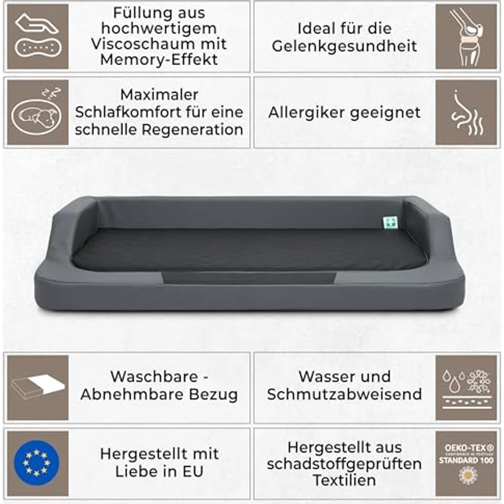 Hundebett für kleine, mittelgroße und Grosse Hunde - orthopädische Hundesofa mit Memory Foam - Ergonomisches Hundekissen - Hundeliegen aus Kunstleder - Bezug abnehmbar & waschbar - S - Grau/Schwarz – Bild 2