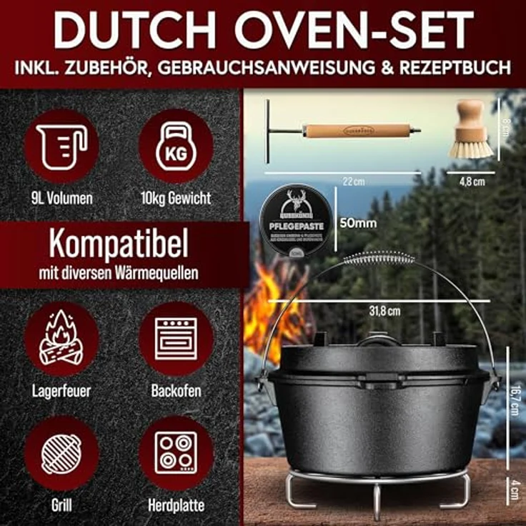 GUSSKÖNIG Dutch Oven Set, Eingebrannter Gusseisen Feuertopf 9L für 6-10 Personen, mit 2in1 Deckelheber, Reinigungsbürste und Rezeptbuch, 30 Jahre Garantie – Bild 2
