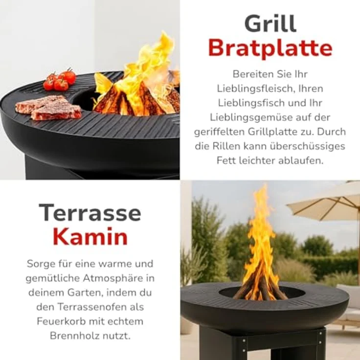 Arti Casa alpina 3-in-1 Feuerstelle und Grillplatte, Gartenkamin 61 x 90 cm mit Teppanyaki-Grillplatte und Brennholzaufbewahrung, Metall – Bild 4
