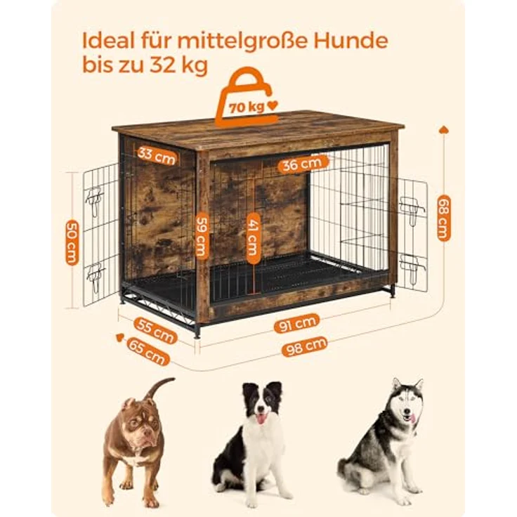 Feandrea Hundekäfig Möbel, Beistelltisch, Hundebox, Moderne Hundehütte Indoor für Hunde bis zu 32 kg, hochbelastbar, vintagebraun – Bild 5