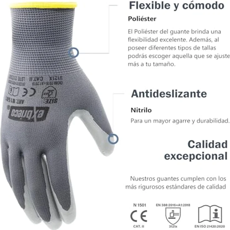 EXBRIECO Professionelle Arbeitshandschuhe 3, 6 oder 12 Paare Schutzhandschuhe, Polyester & Nitril, taktile Genauigkeit, atmungsaktiv, elastisch, widerstandsfähig - Schwarz – Bild 2