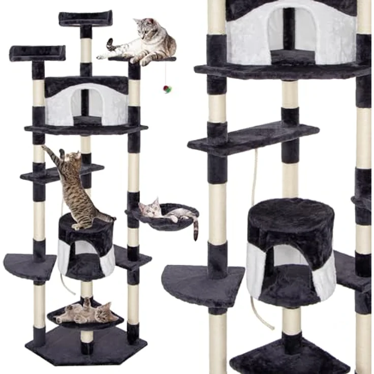 SPRINGOS Katzenkratzbaum Kratzbaum 2 Katzenhäuser Plattformen Liegemulde 203 cm, Graphit-Weiß – Bild 1