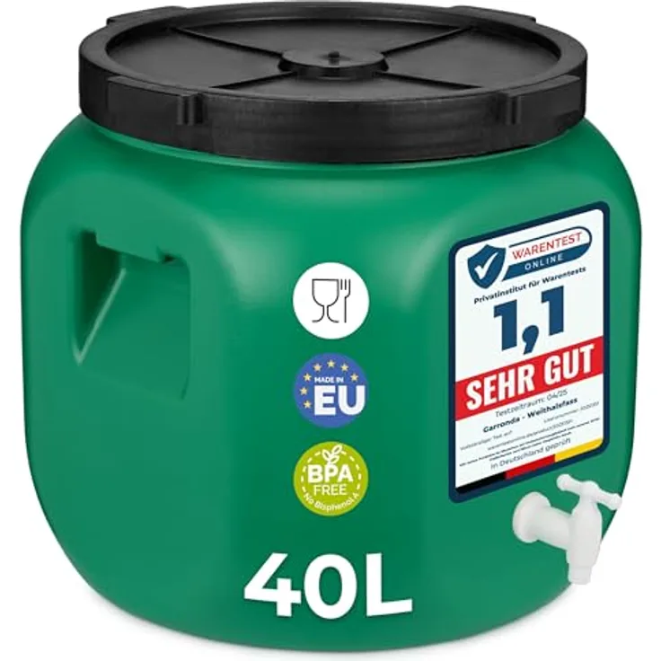 Garronda Weithalsfass GD-0142, 40 Liter Plastikbehälter mit Hahn und Deckel, BPA-frei für Lebensmittel und Flüssigkeiten