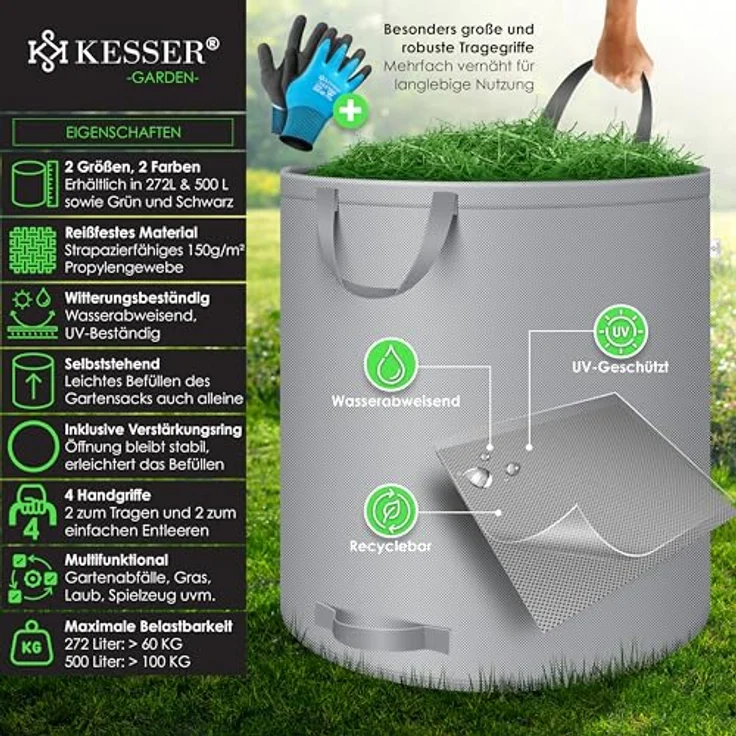 KESSER® Gartensack 3x 272L Set Laubsack Gartenabfallsack inkl. Handschuhe - Selbststehend 4 Griffe Stabil Robust & Faltbar - Laubsäcke Rasenschnitt Gartensäcke für Gartenabfälle Grünschnitt Grau – Bild 2