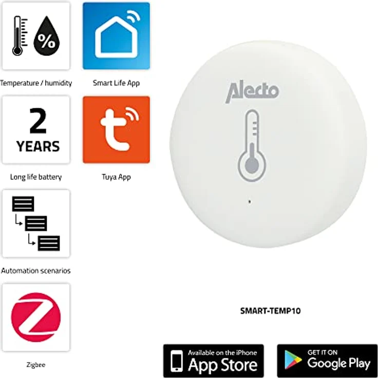 Alecto SMART-TEMPT10 Zigbee Temperatur- und Feuchtigkeitssensor - benötigt Bridge/Gateway - 30 Monate Batterielaufzeit - Tuya - Smart Life App - weiß – Bild 2