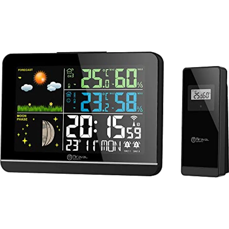 Miraval Funk-Wetterstation, Hygro- & Thermometer für innen/außen mit Farbdisplay, Uhrzeit- und Datumsanzeige, 2 Alarme, Außensensor, 8 Sprachen, inkl. Befestigungsset – Bild 3