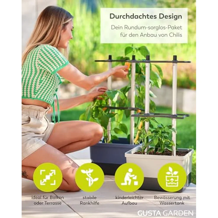 Gusta Garden Pflanzkübel CHARLY CHILI, mit stabiler Rankhilfe und Bewässerungssystem, hellgrau – Bild 3