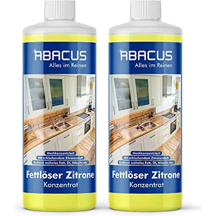 Fettlöser Zitrone Konzentrat, Zitronen Allzweckreiniger Konzentrat, Küchenreiniger, Kraftreiniger, Universalreiniger, Nikotinentferner – ABACUS Fettlöser Zitrone Konzentrat 2x 1000 ml (7699.2)