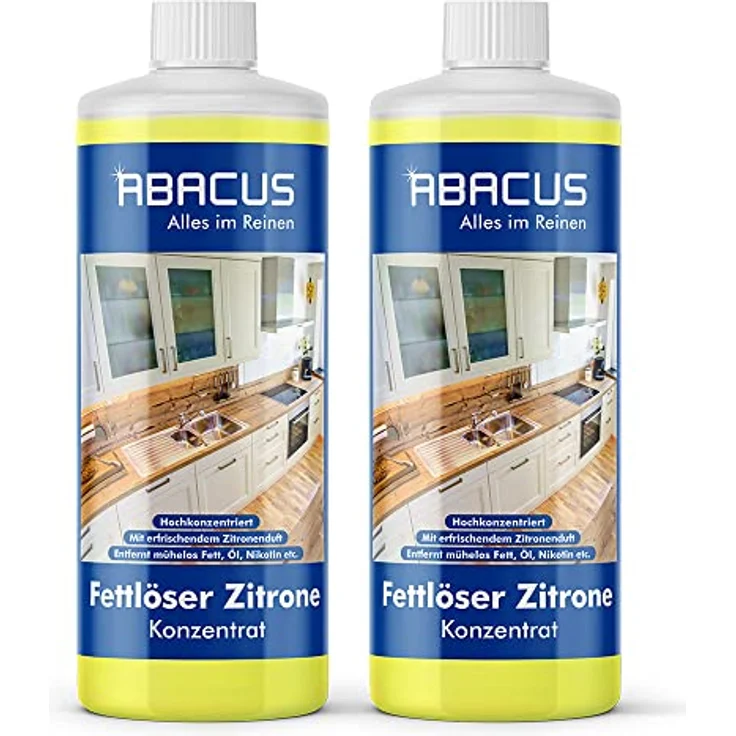 Fettlöser Zitrone Konzentrat, Zitronen Allzweckreiniger Konzentrat, Küchenreiniger, Kraftreiniger, Universalreiniger, Nikotinentferner – ABACUS Fettlöser Zitrone Konzentrat 2x 1000 ml (7699.2) – Bild 1
