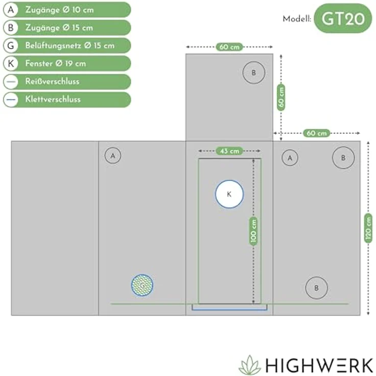 HIGHWERK Growzelt 60 x 60 x 120 cm, Indoor Grow Tent in schwarz-grün, hochreflektierend, lichtdicht, ideal für Pflanzen und Kräuter – Bild 2