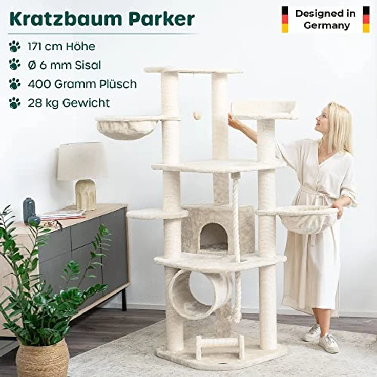 HAPPYPET Großer Kratzbaum Parker 171 cm hoch - Kletterbaum Katzenbaum für Katzen, Stabile Dicke Sisal-Säulen 11 cm, Haus Spieltunnel, große Liegemulden (Belastbar 15 kg), Spieltau & Kratzrolle, Creme – Bild 2