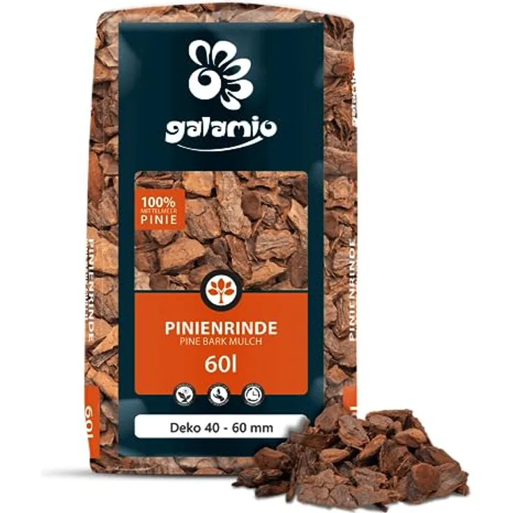 GALAMIO Pinienrinde Deko 40-60mm, 60l Sack Rindenmulch aus Mittelmeerkiefer für effektiven Unkrautschutz und dekorative Bodenabdeckung, rostrot