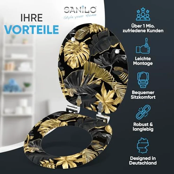 Sanilo WC Sitz Golden Leaves, Hochwertiger Holz-Toilettendeckel mit Absenkautomatik und antibakterieller Oberfläche – Bild 2
