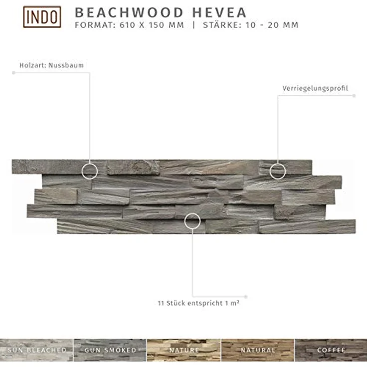 INDO Holz Wandverkleidung Beachwood Hevea Gun Smoked, 3D-Effekt, Fläche 1 m², Brandschutzklasse D-s2, d0 – Bild 3